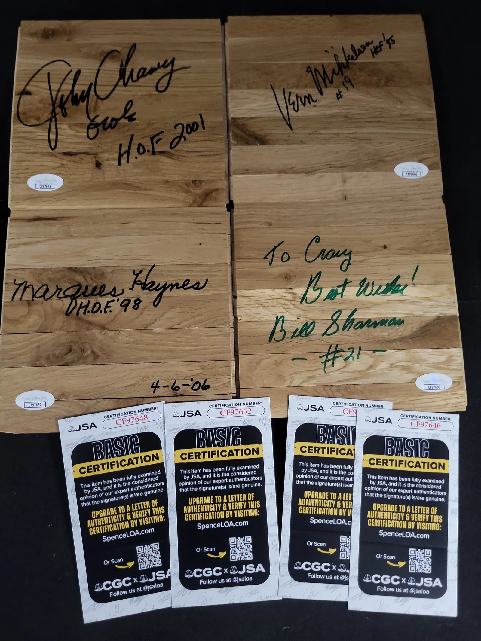 I01962 | A Collection of Four Autographed Basketball Court Flooring Sections Featuring Hall of Fame