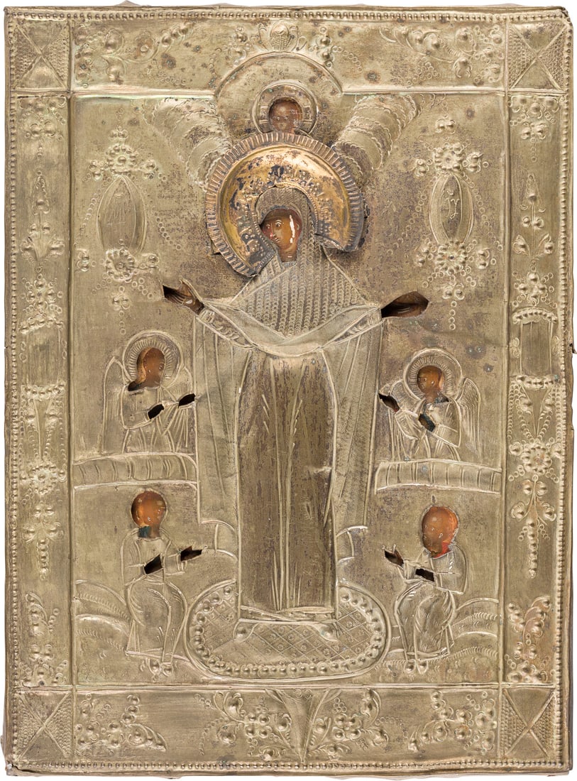 | IKONE MIT DER GOTTESMUTTER 'FREUDE ALLER LEIDENDEN' MIT OKLAD