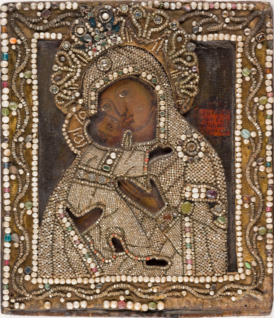 | IKONE MIT DER GOTTESMUTTER VON WLADIMIR (WLADIMIRSKAJA) MIT PERL-OKLAD