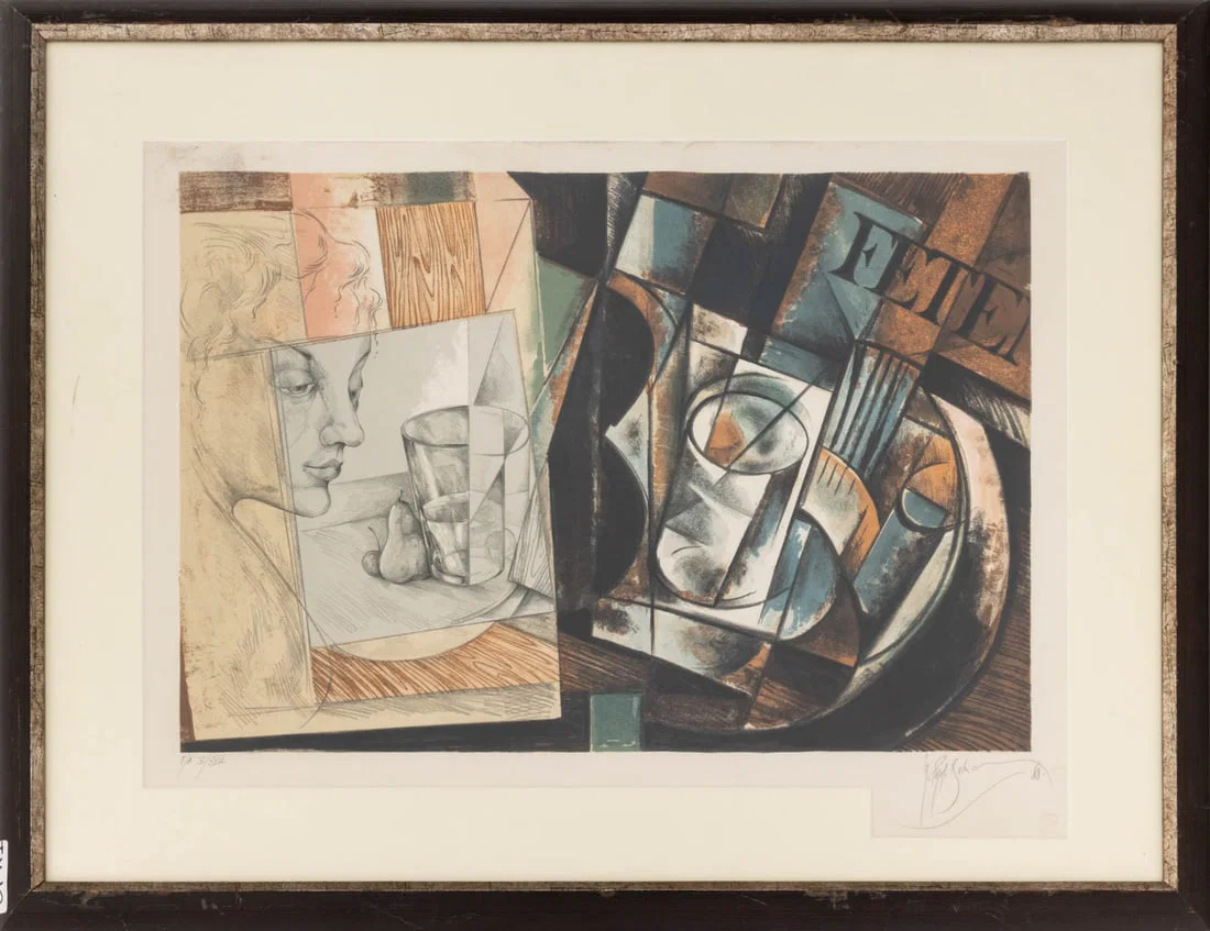 Illegibly Signed Neo-Cubist Print on Paper, 1988