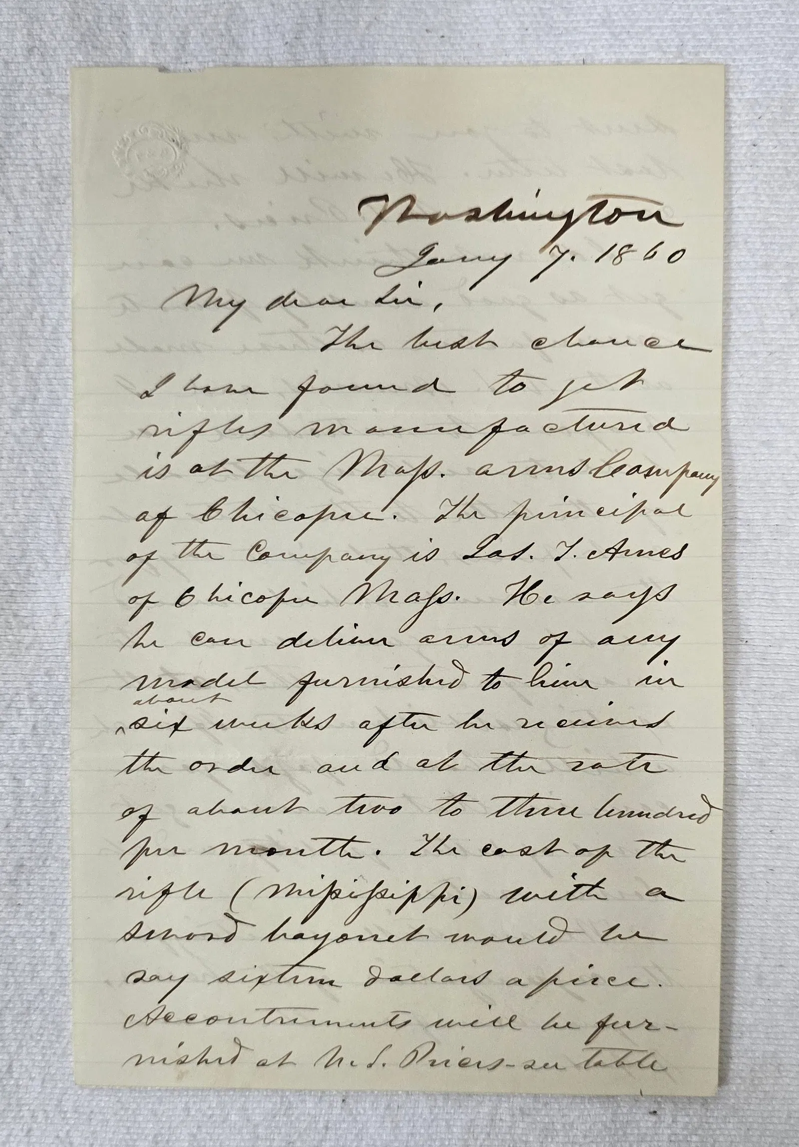 Important Jefferson Davis letter Eve of War sending Mississippi rifles to Mississippi.
