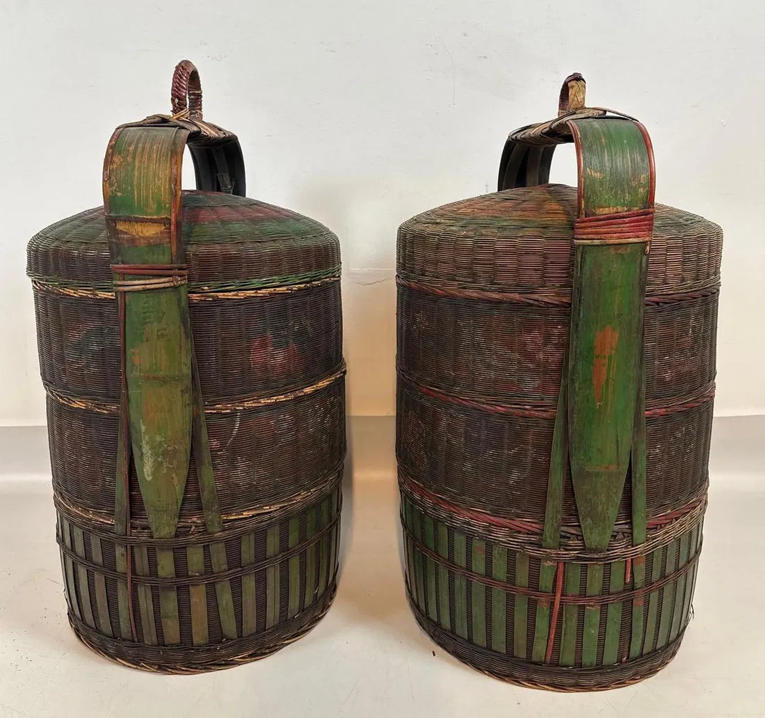 IMPRESSIVE ANTIQUE CHINESE THREE-TIER BAMBOO WEDDING BASKET PAIR