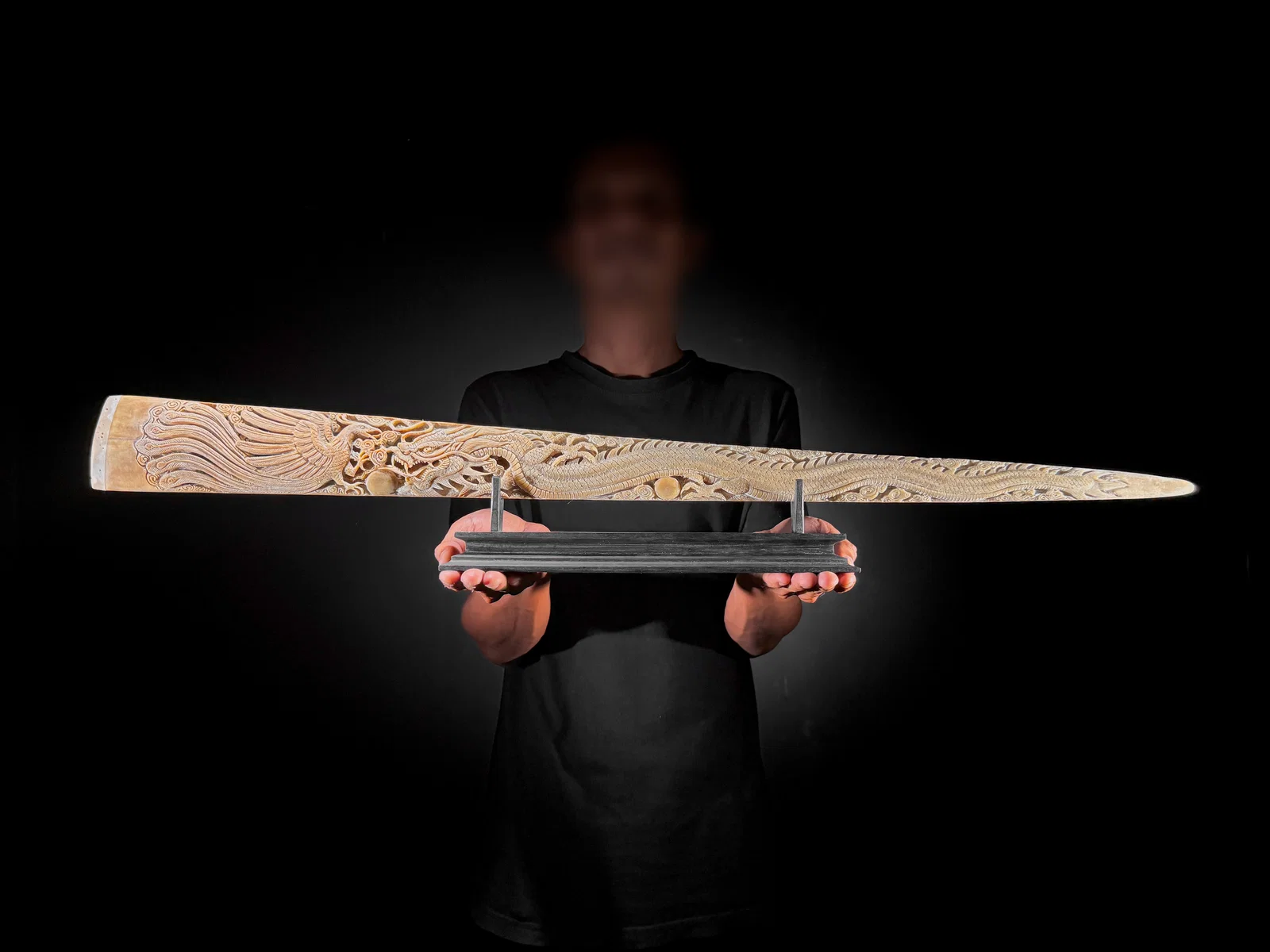 Impressive engraved swordfish rostrum - Dragon Phoenix motif