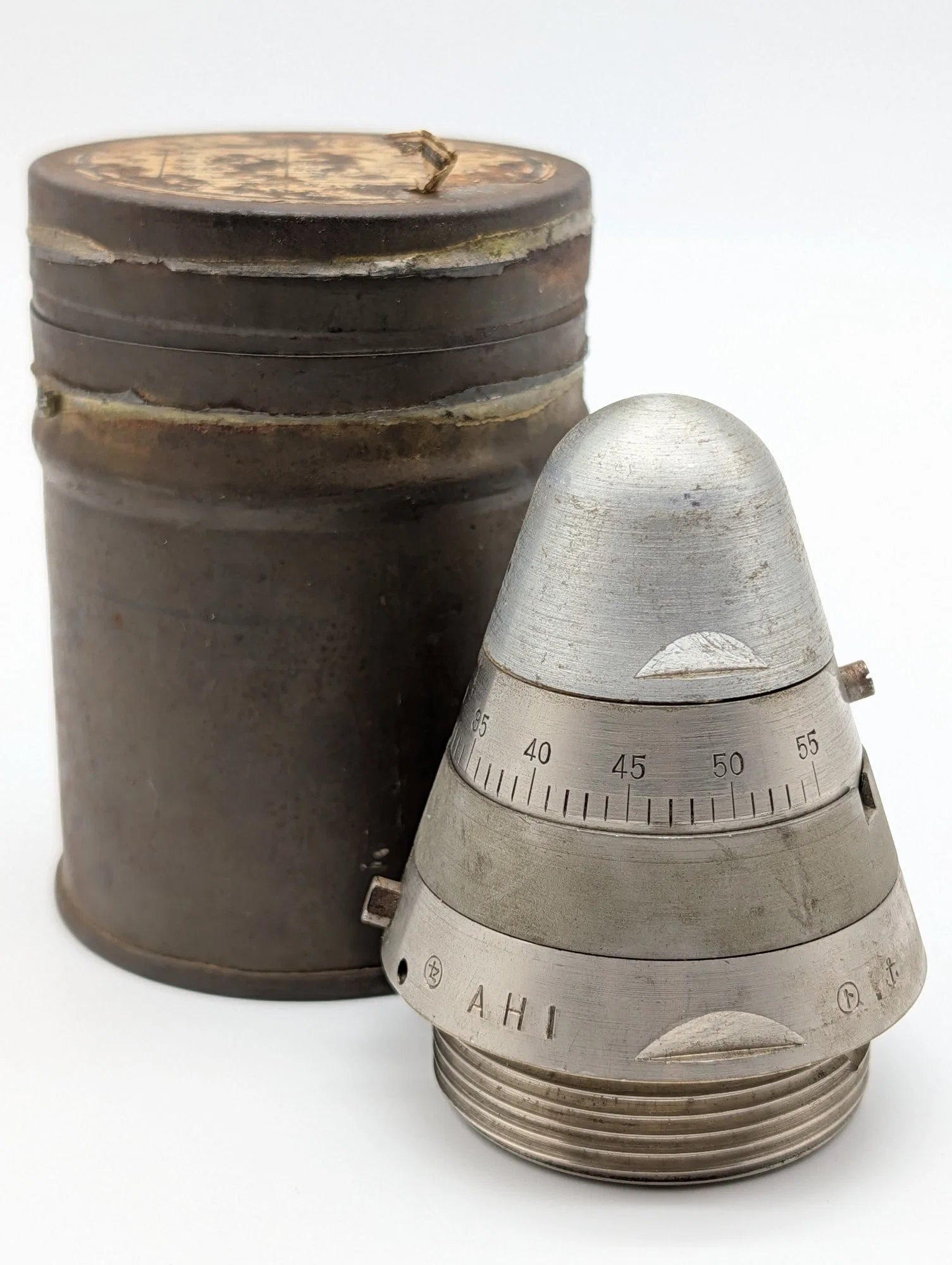 Inert WWII Japanese Navy Type 91 Mechanical Time Fuse w/ Cannister
