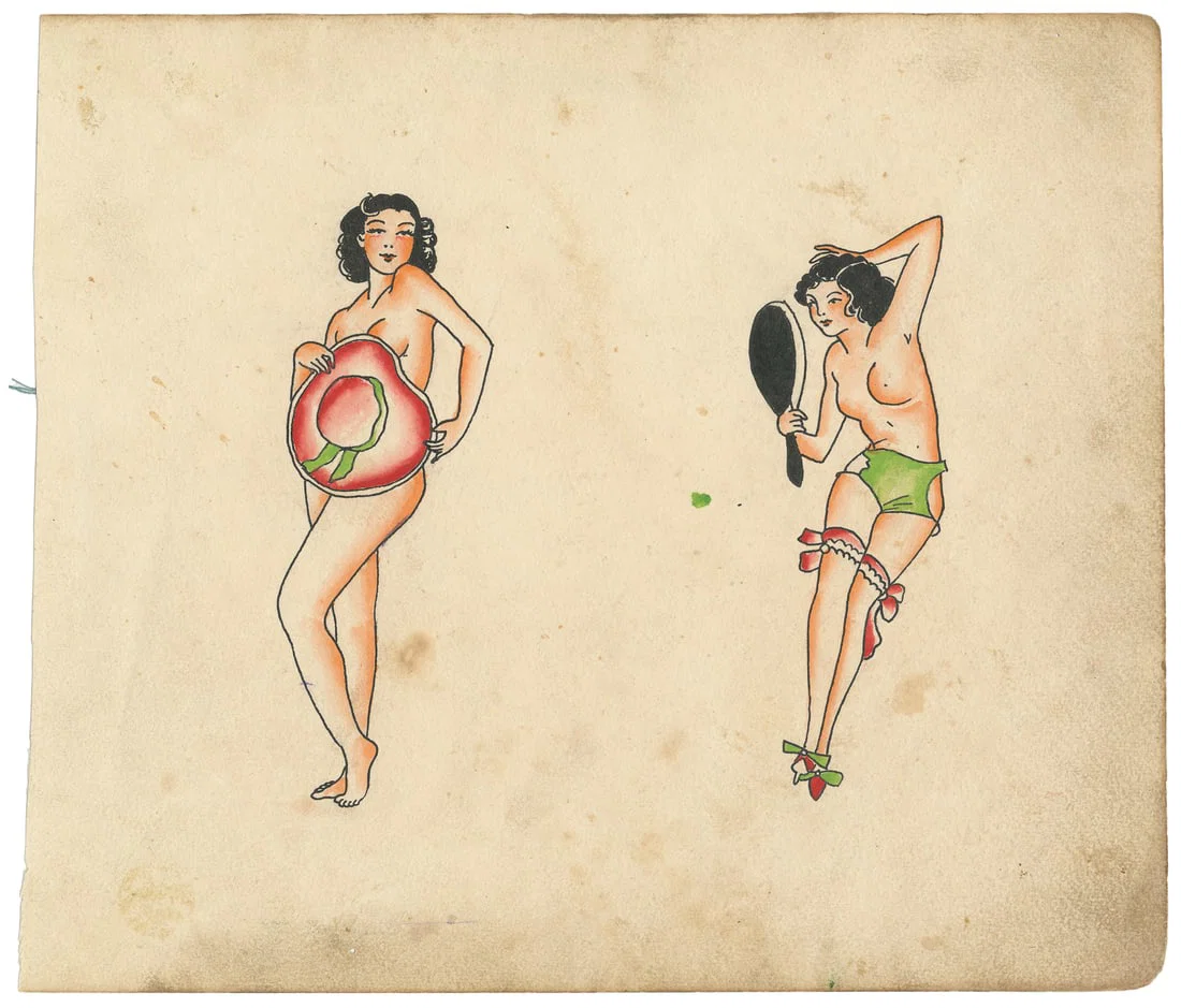 Ink and Watercolor Pinup Flash Sheet, U.K., ca. 1940s