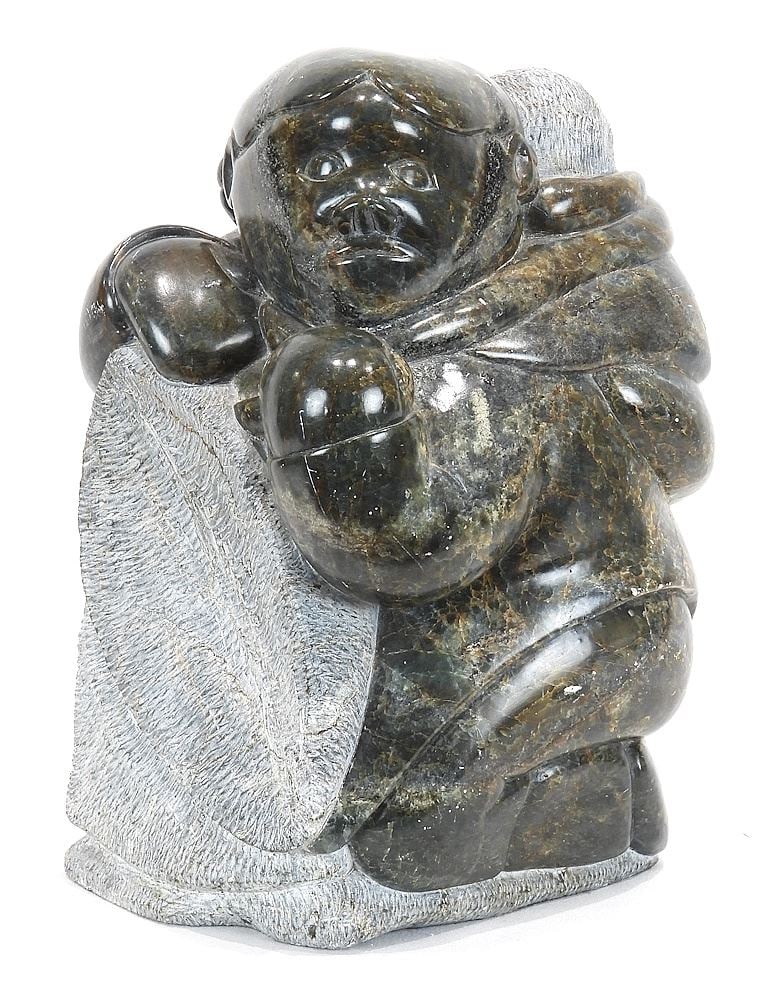 Inuit Stone Sculpture signed Indistinctly, 11 3/4"h "Mother w/ Child in Amauti".