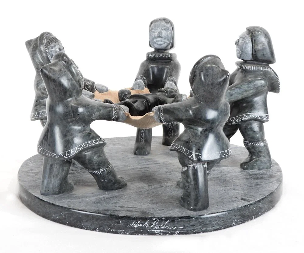 Inuit Stone Sculpture signed Mark Parkinson, 6 5/8 x 12" Diameter "Blanket Toss".
