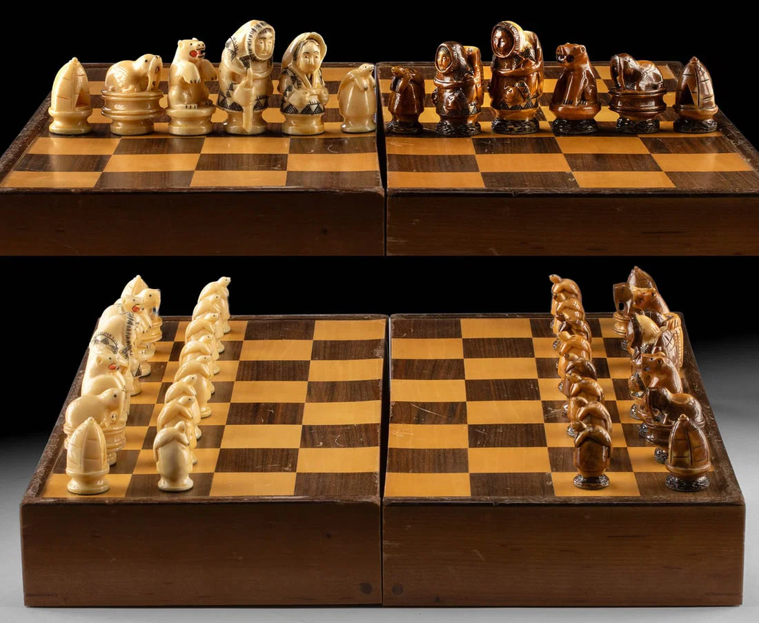Inuit Walrus Ivory Chess Set, Arctic Themed Pieces