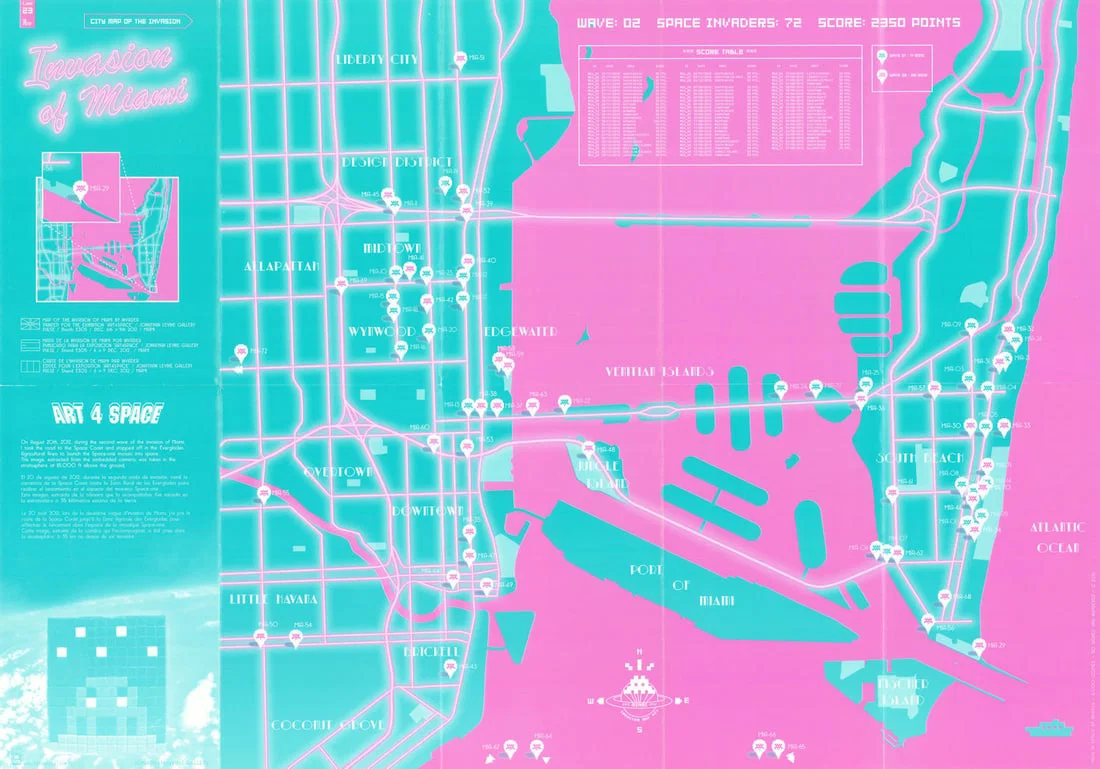 Invasion of Miami. Street artist Invader Map #23 Wave 2. Mosaic locations 2012