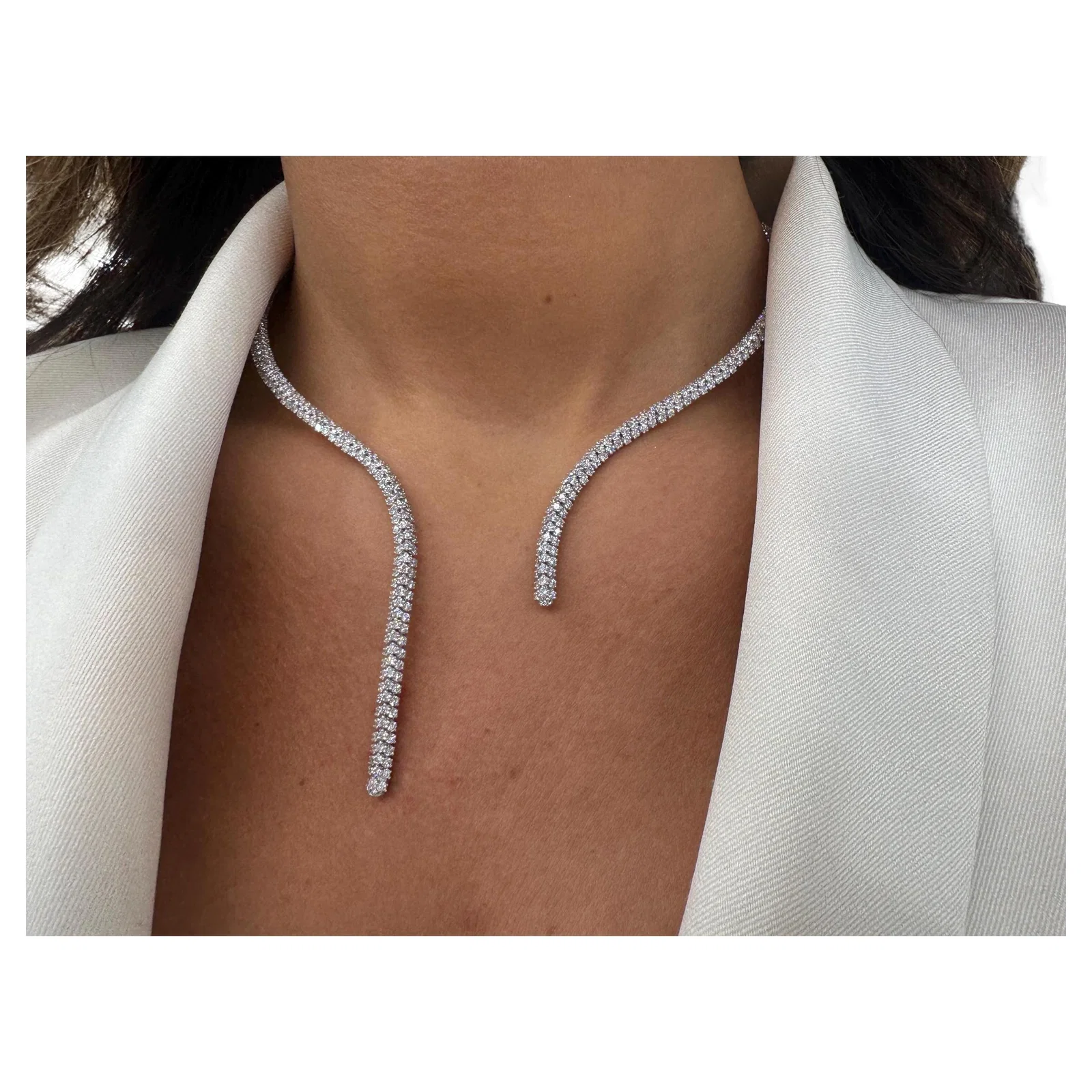 Italian 18K White Gold Three Row Drop Necklace 9.68ct F-G VS2 Diamonds