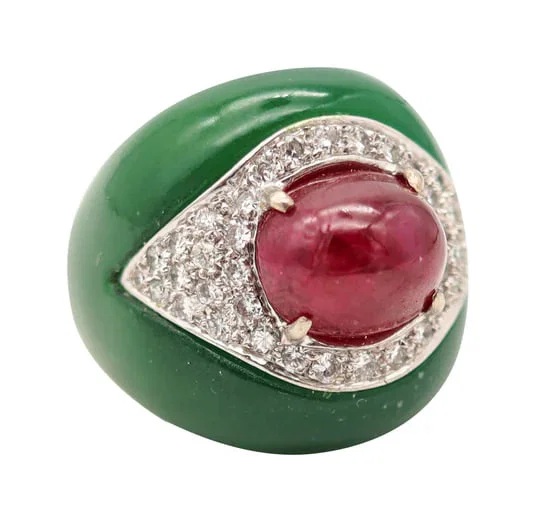 ITALIAN 1970 Modernist Bombe Cocktail Ring In 18Kt Diamonds Chrysoprase & Ruby