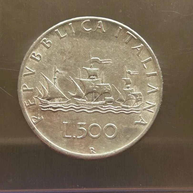 Italian 500 lire old silver coin, with a ship design, 1958