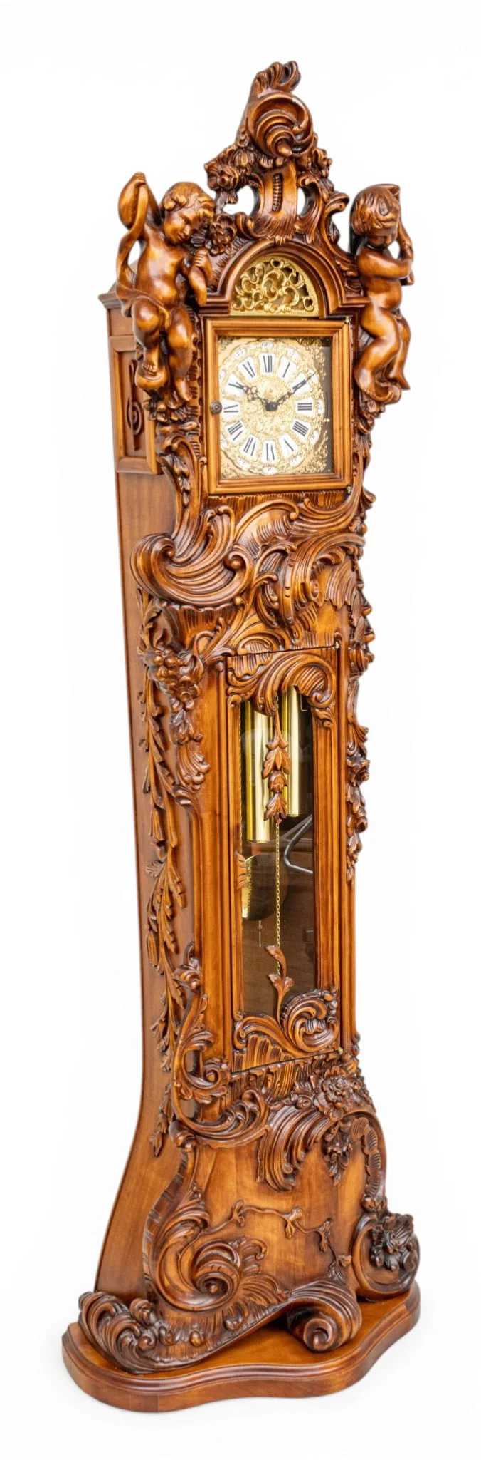 Italian Baroque Style Walnut Grandfather Clock 20th C., H 78" W 19" Depth 12"