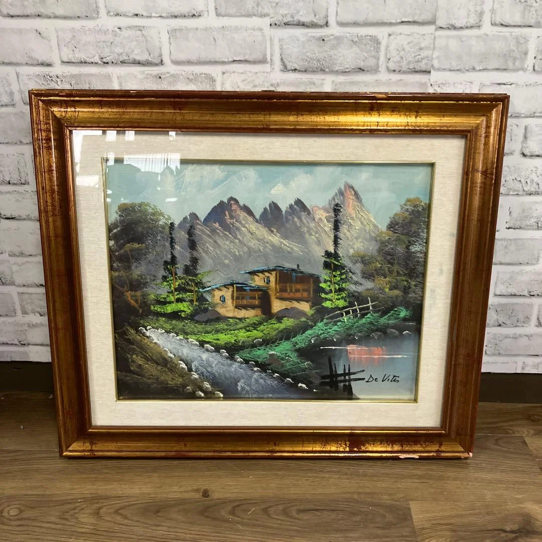 Italian-made oil painting by DE VITIS, landscape of a mountain cabin.