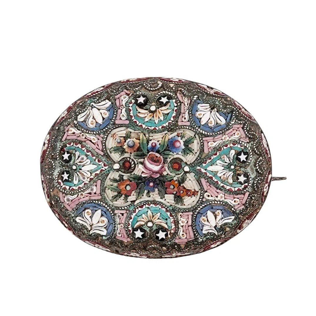 Italian Micro Mosaic Oval Floral Brooch Signed