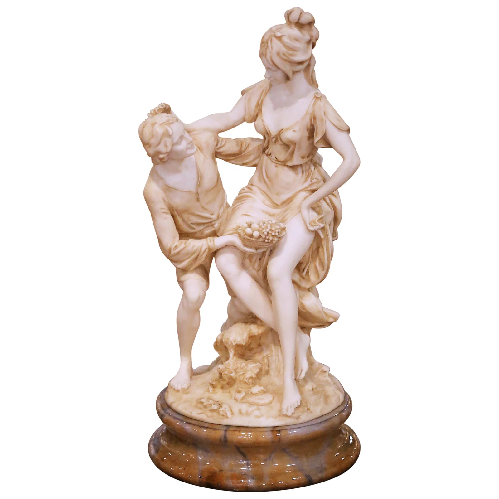 Italian Neoclassical Alabaster Couple Sculpture on Marble Base Mid-20th Century
