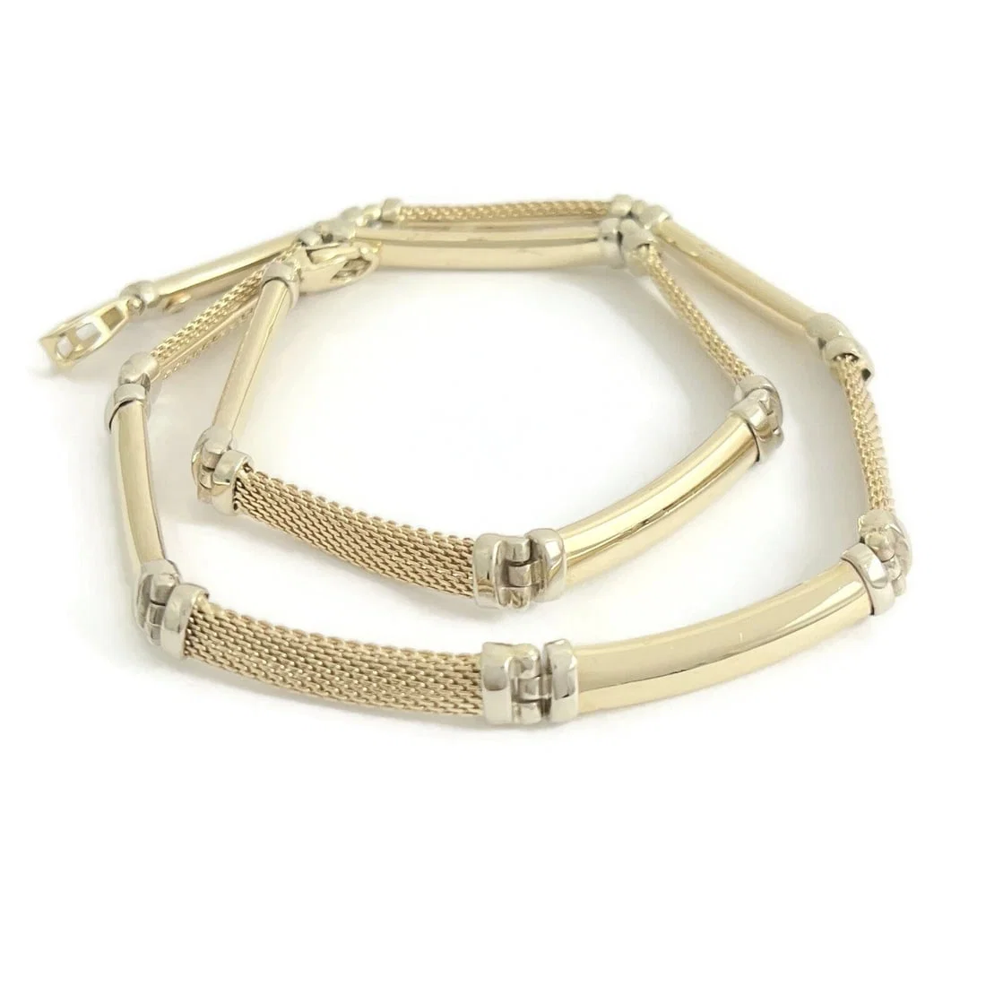 Italian Two-Tone Curved Bar Link Chain Necklace 14K Yellow Gold, 29.73 Grams