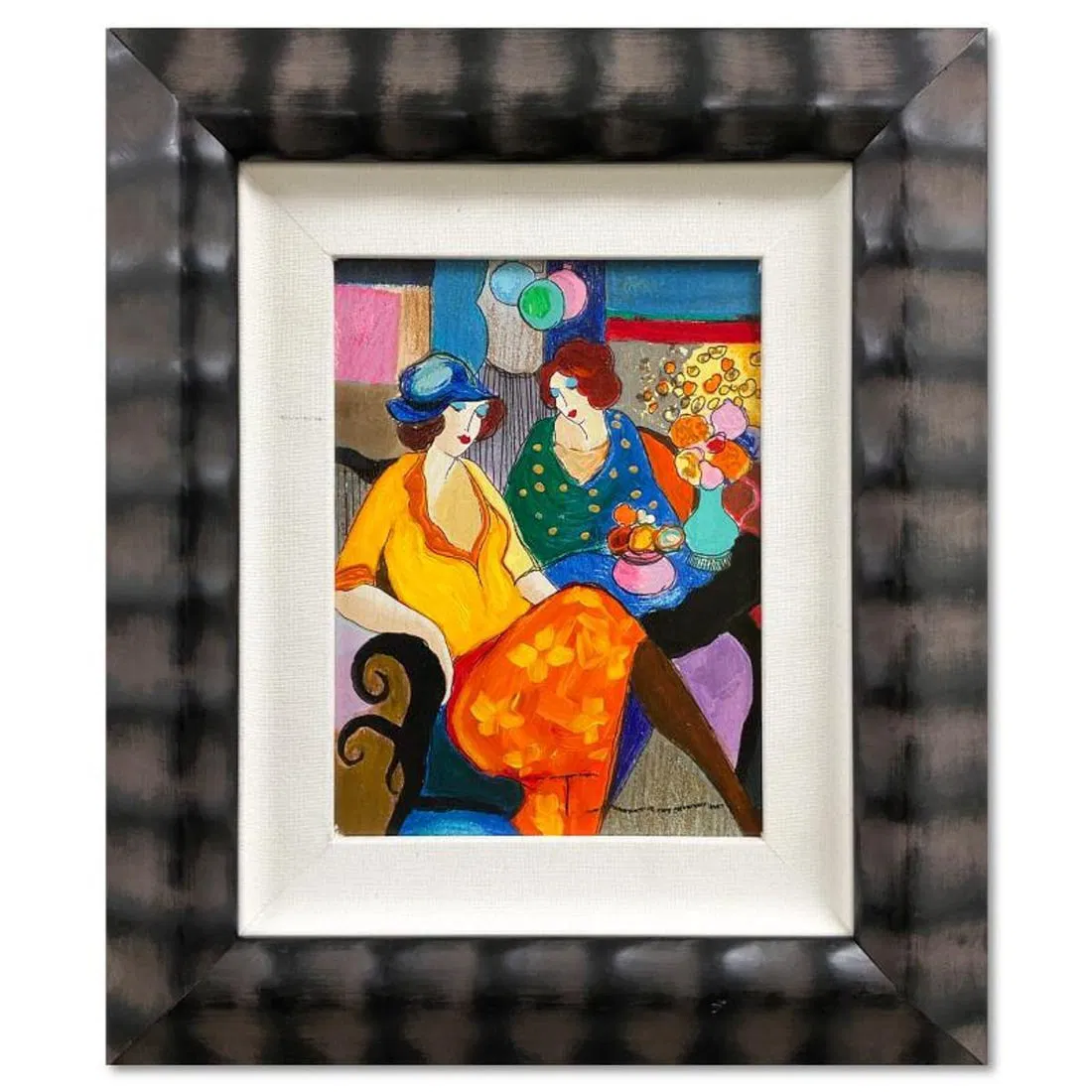 Itzchak Tarkay (1935-2012), "Chit Chat" Framed One-of-a-Kind Mixed Media Over Paint on Wood, Hand