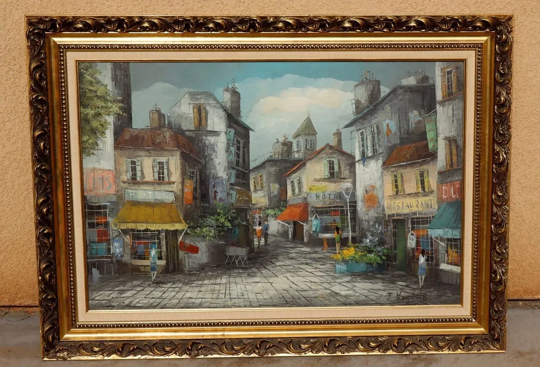 J. LOMBARD Mid Century Parisian Street Scene oil painting