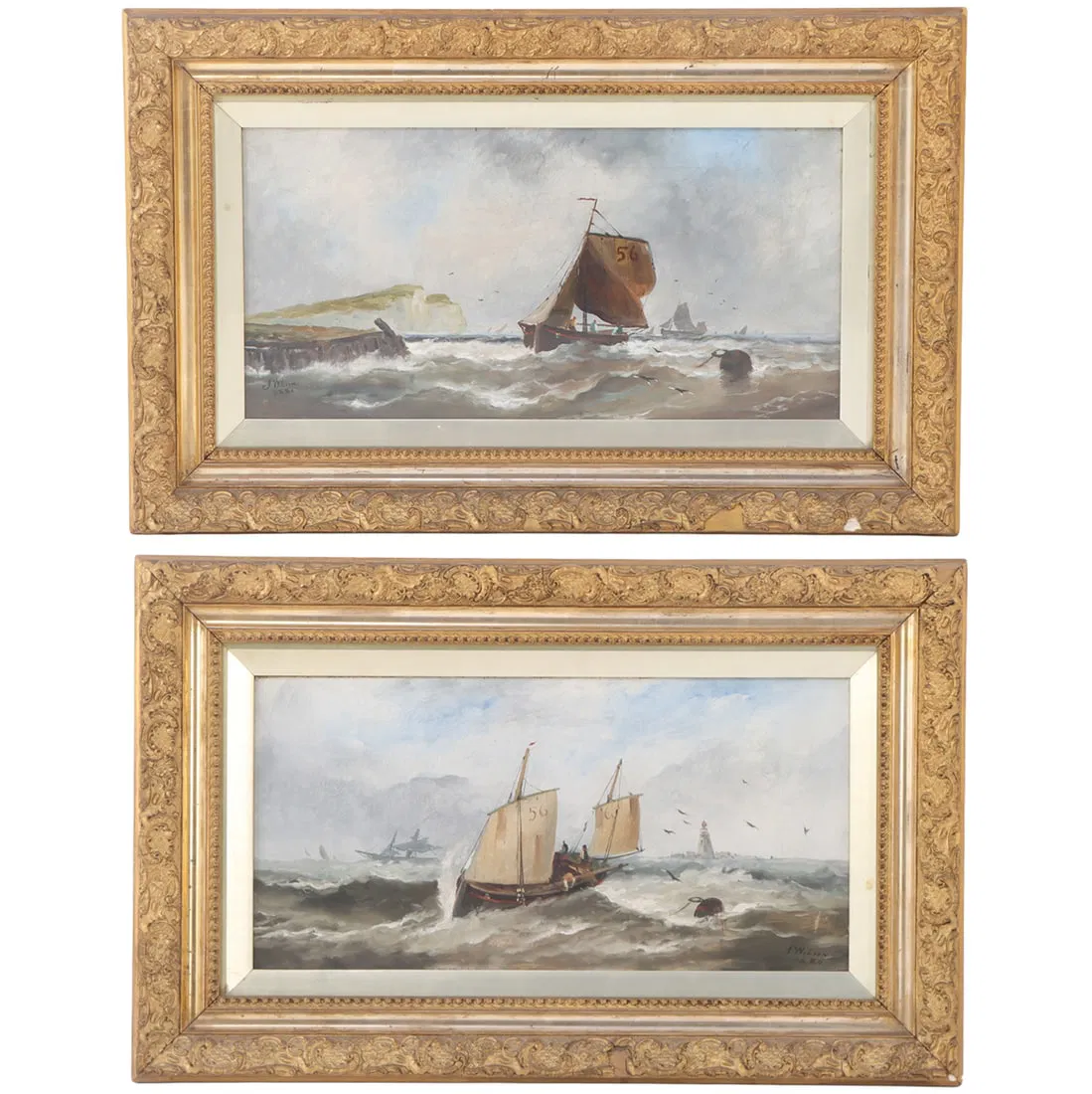 J. WILSON (19TH C. BRITISH) PAIR OF MARITIME PAINTINGS DEPICTING SHIPS ON A ROUGH SEA, OIL ON