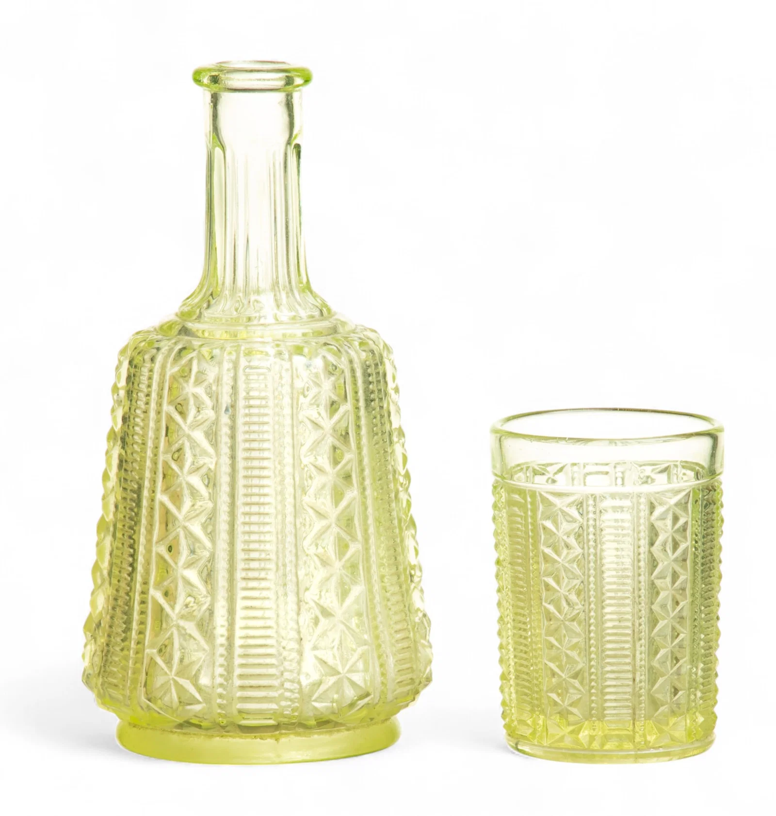 'Jacob's Ladder' Vaseline Glass Bottle & Tumbler, 1850, H 8" 2 PCS