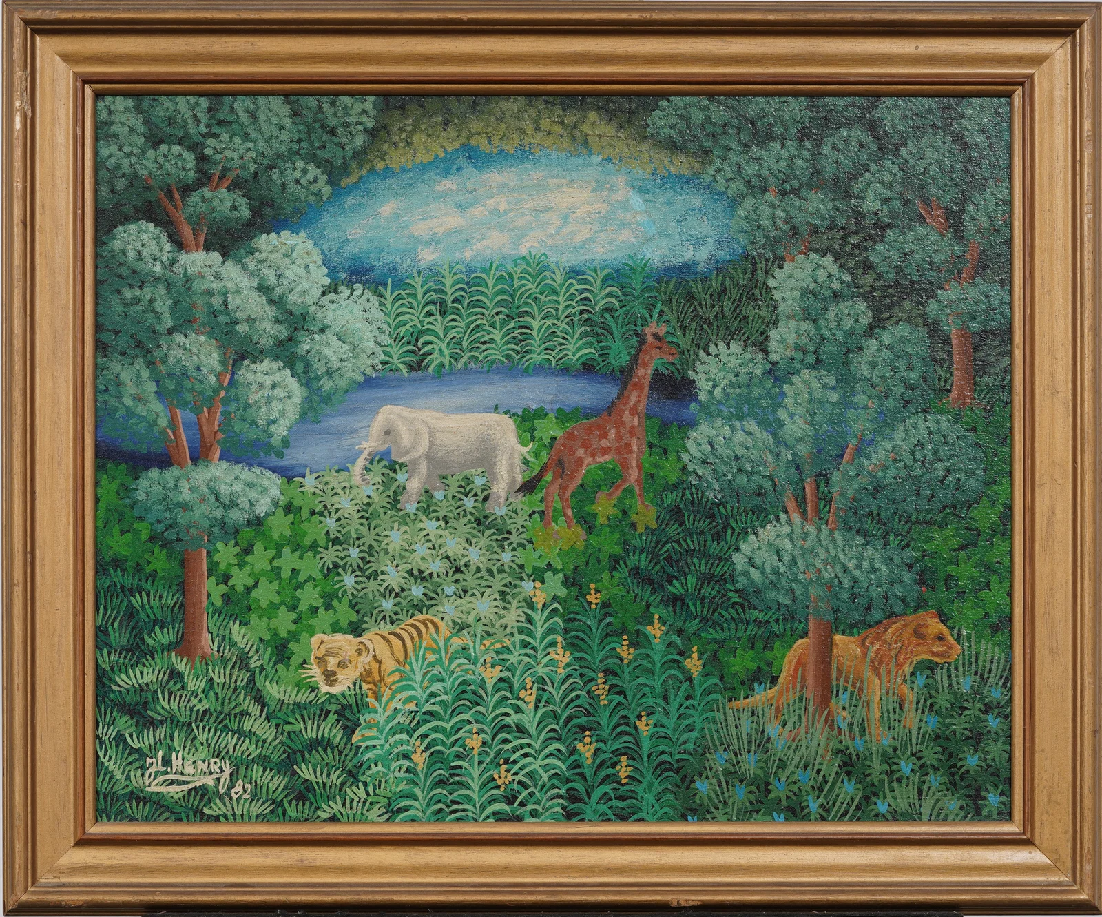 Jacques-Lionel Henry (B. 1950) Haitian Oil Painting of Lush African Landscape