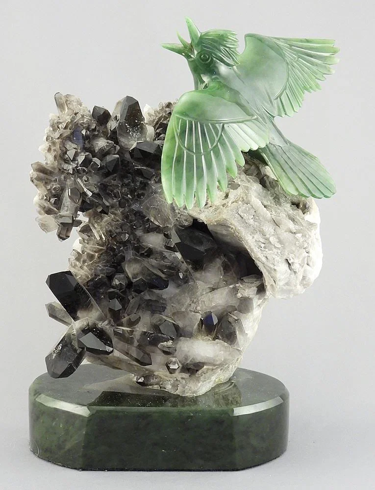 Jade & Amethyst Sculpture signed (Lyle) Sopel E815, 10 1/4 x 8 1/2 x 6" "Bird in Flight".