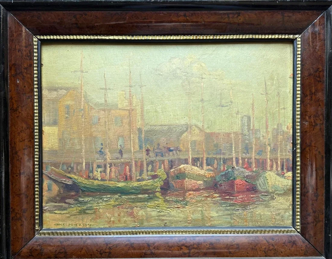 Jane Peterson (1876-1965) Oil painting on board Title: Harbor Scene Boats