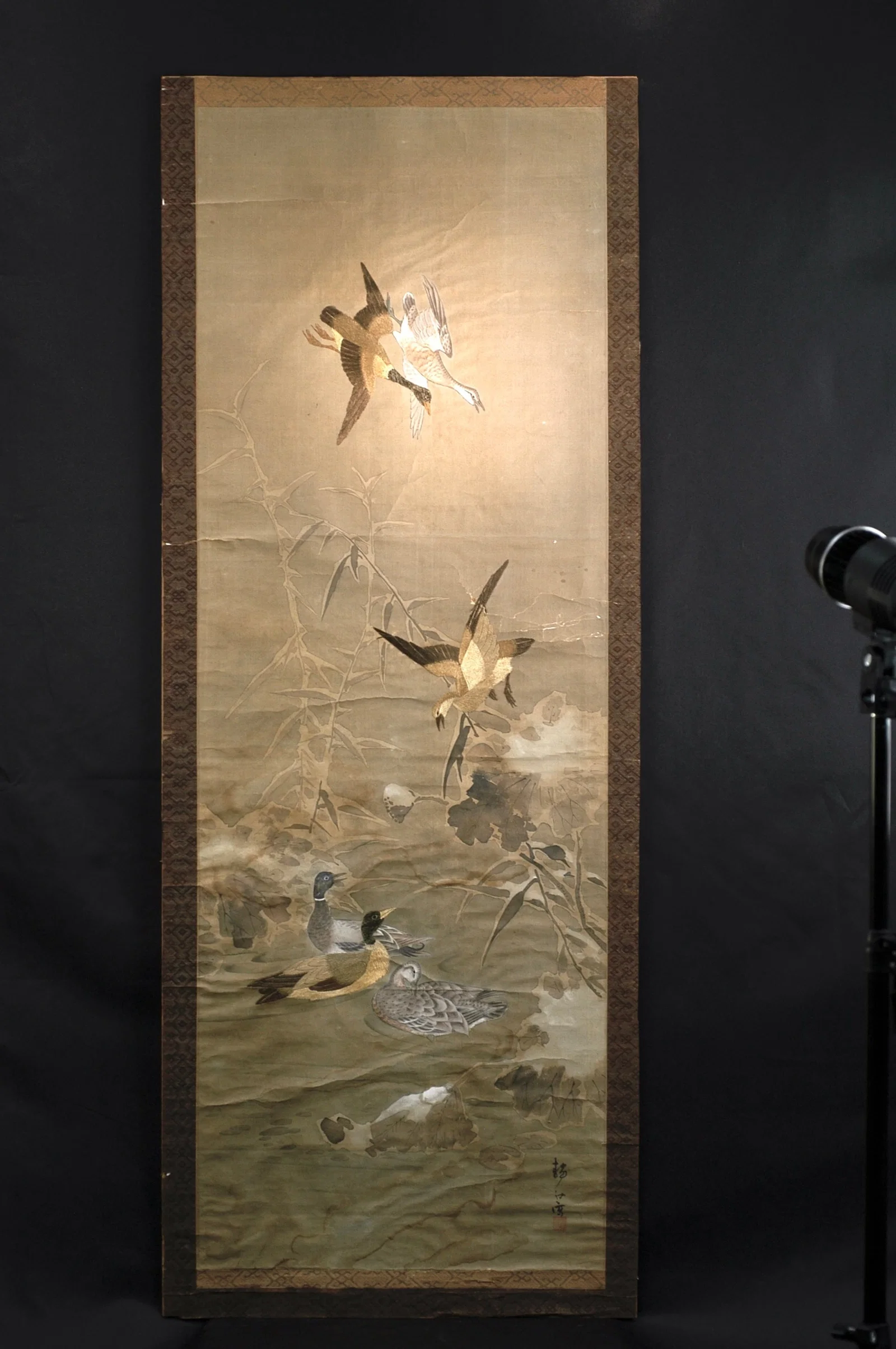 Japanese Edo to Meiji Period 'Embroidered Painting' (Embroidery + Painting) Reed Geese Hanging