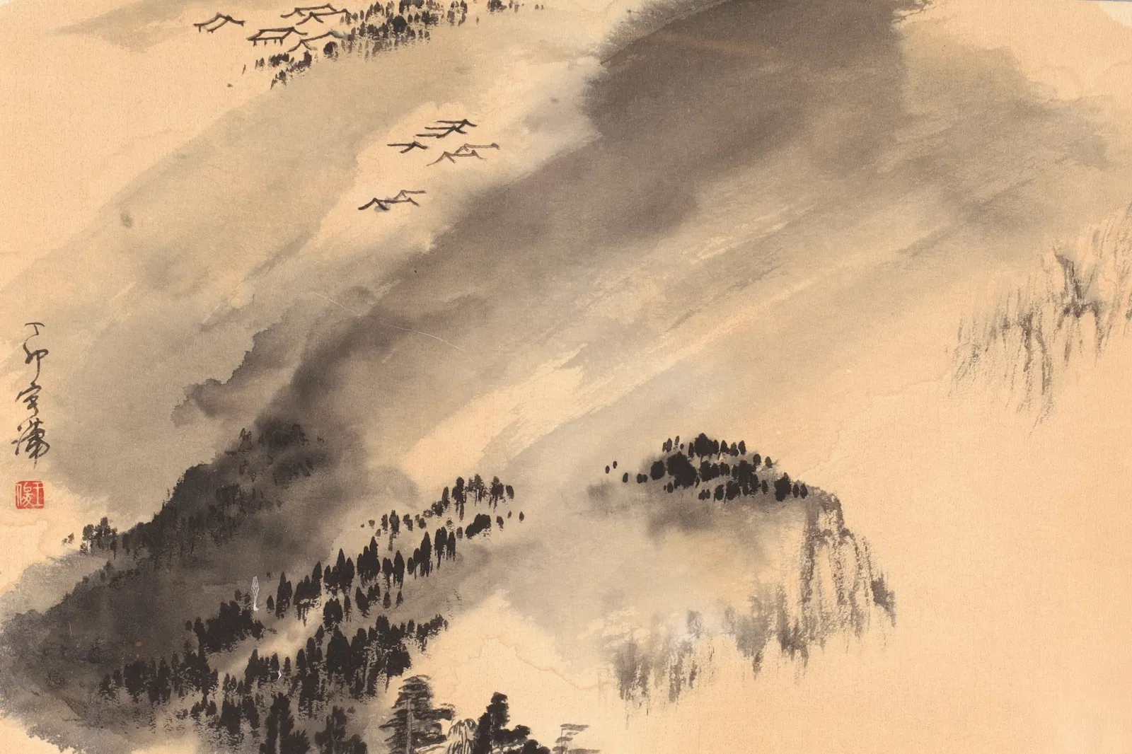 Japanese Ink and Wash Mountain Landscape, Bunjinga Tradition, signature and seal