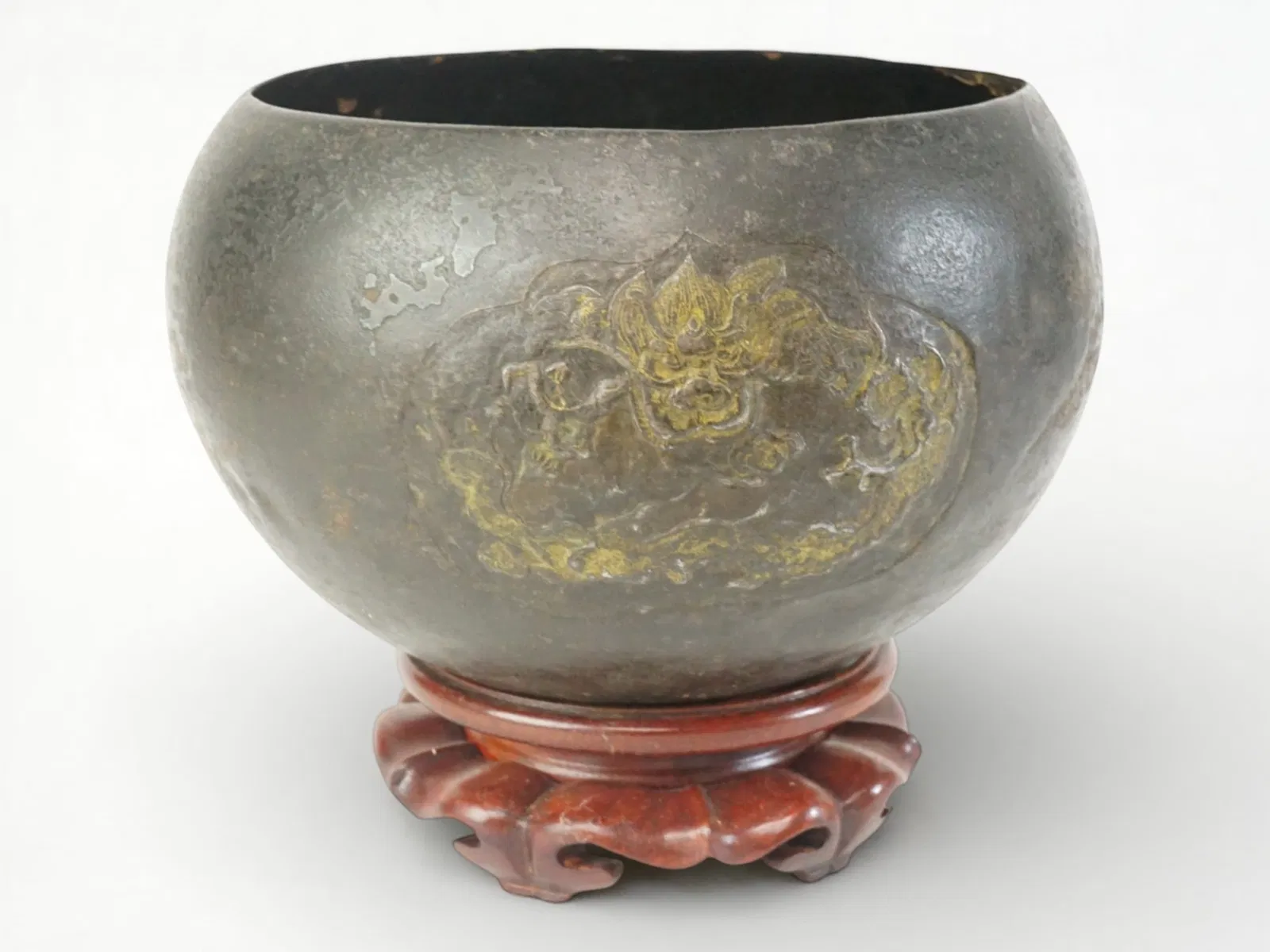 Japanese Iron Repousse Bowl with Parcel Gilt Dragon
