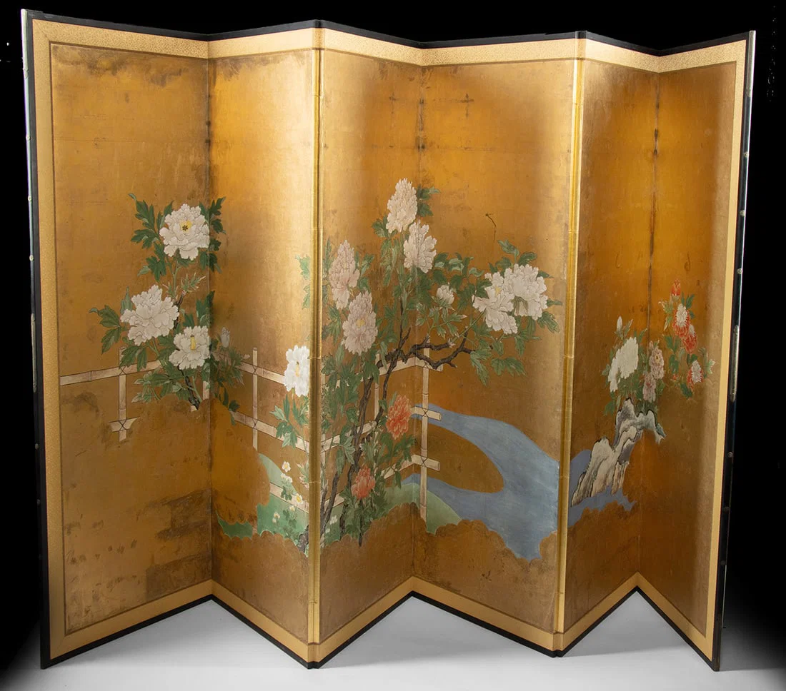 Japanese Kano School-Style Screen Peonies on Gold Leaf