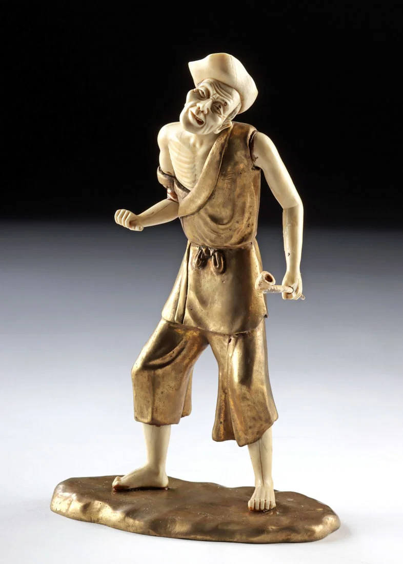 Japanese Mammoth Ivory Okimono - Emaciated Male Smoker