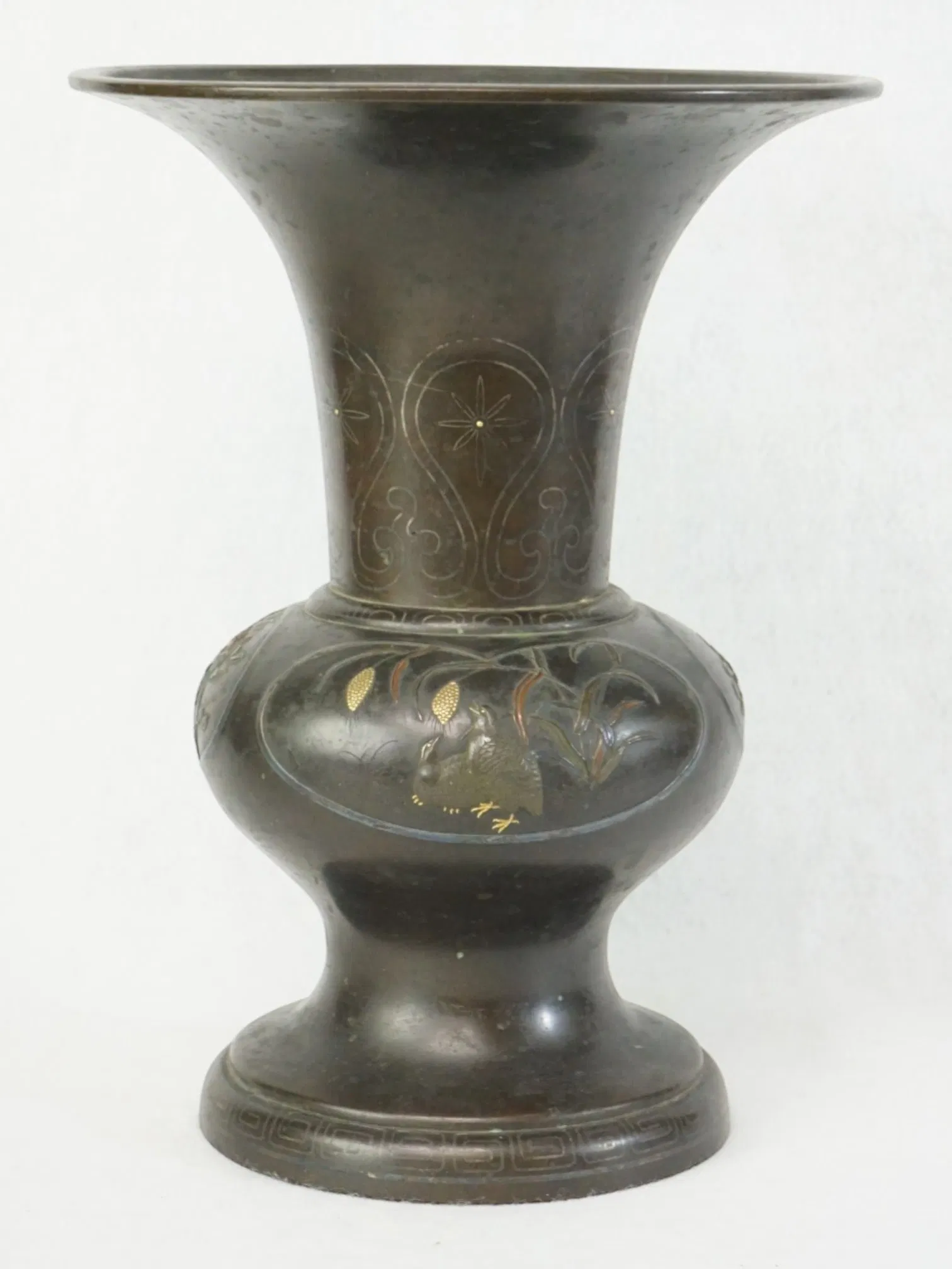 Japanese Meiji Bronze Mixed Metal Vase with Quail Motif