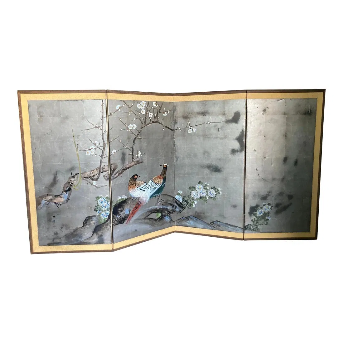 Japanese Meiji Era 18th Century Four Panel ByÅbu With Male and Female Pheasants, Mountains,