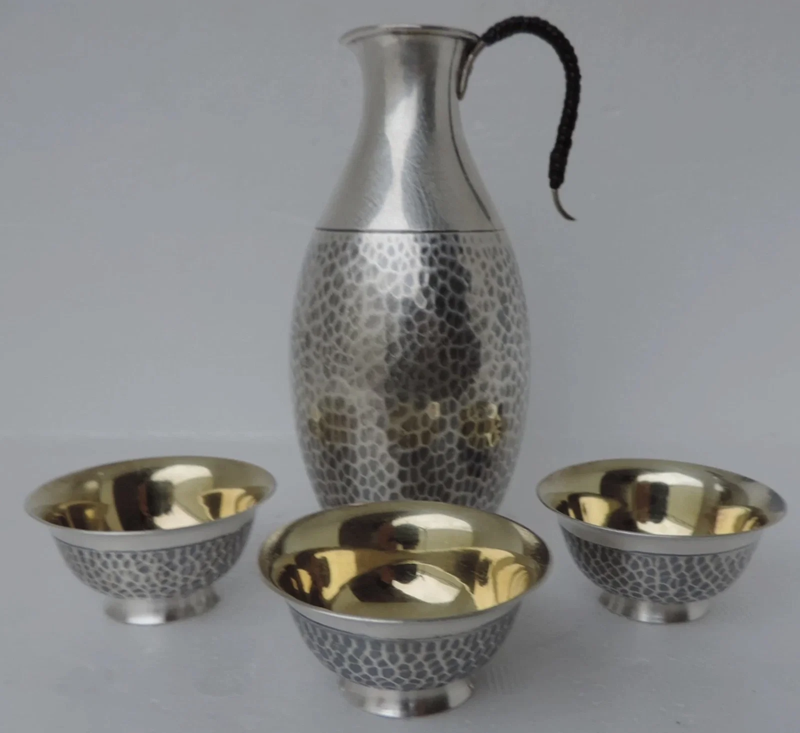 Japanese Sterling Silver 925 Gold Wash Sake Decanter + 8 Cups Set Hand Hammered With Box