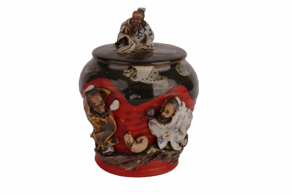 Japanese Sumida Gawa Pottery Red Lidded Jar