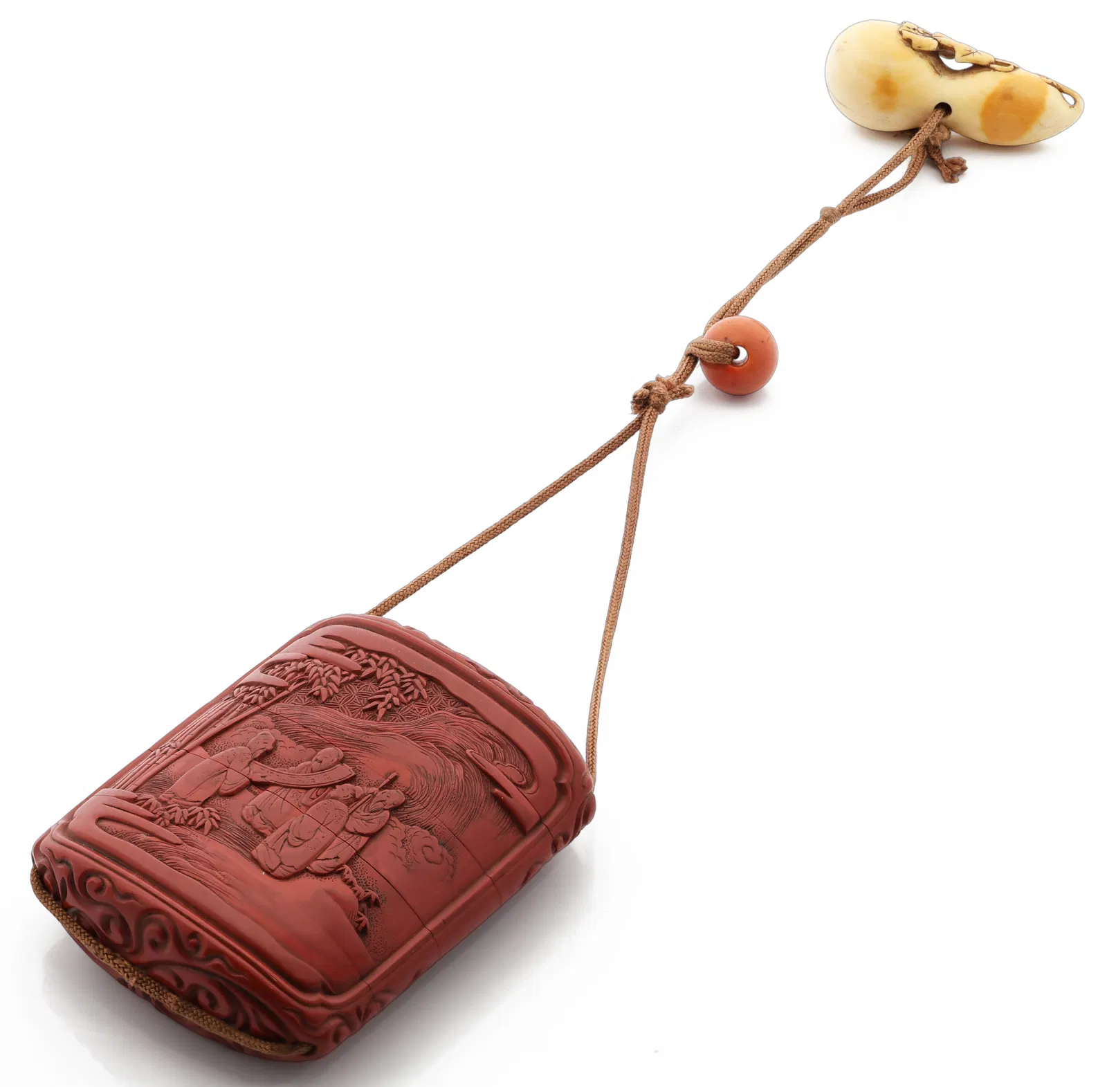 Japanese Tsuishu (Carved Red Lacquer) Inro with Netsuke & Ojime