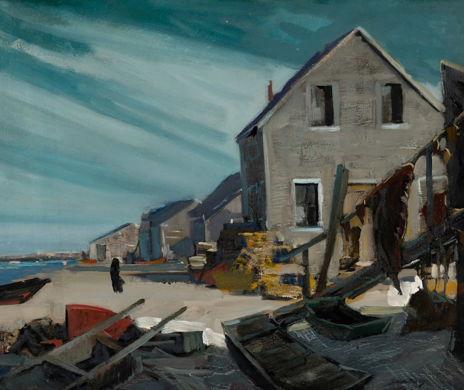 Jay H. Connaway (Am. 1893-1970), "Fish Beach, Monhegan at Night", Oil on board, framed