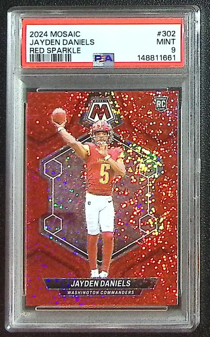Jayden Daniels Rookie Card Red Sparkle Prizm 2024 Mosaic #302 PSA 9 Commanders