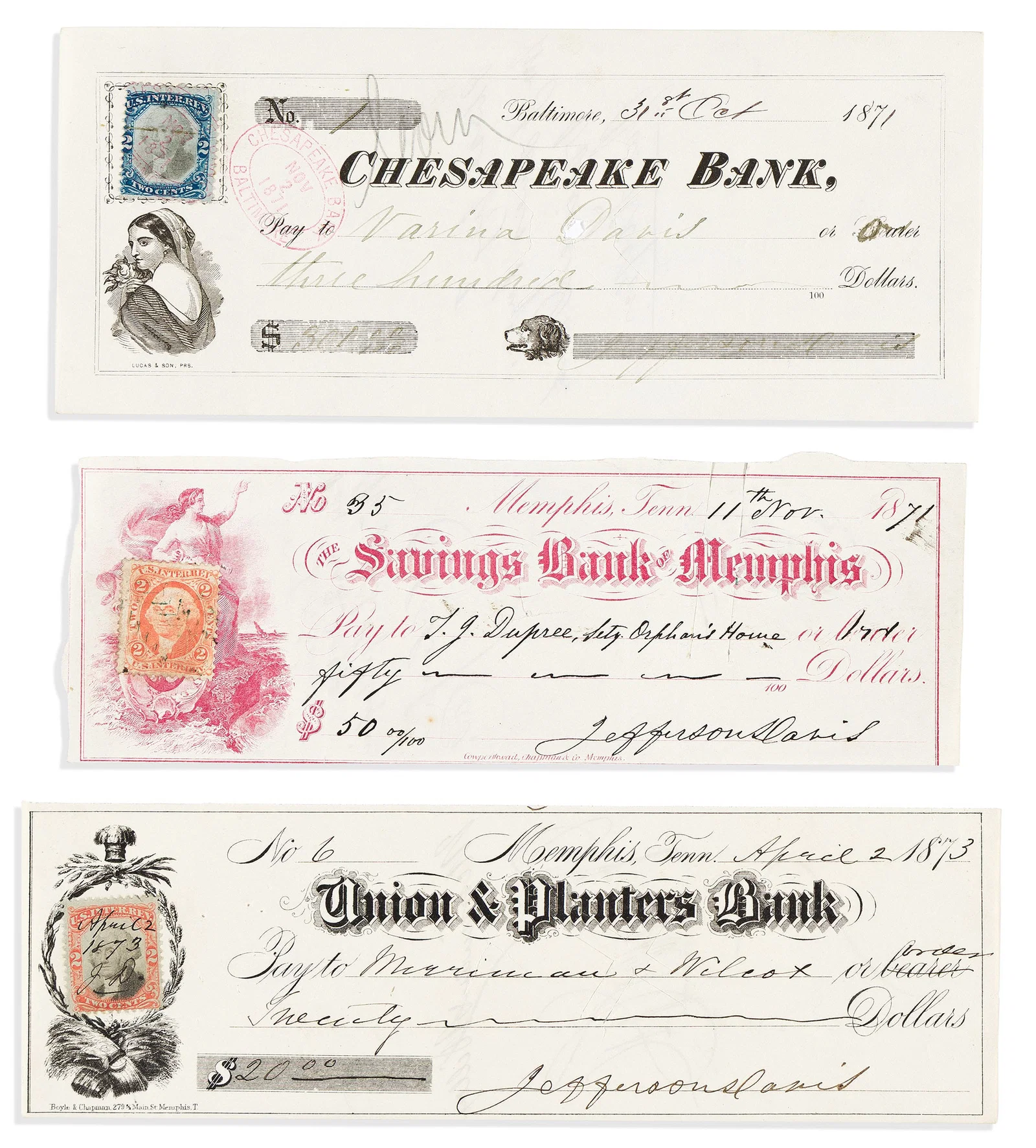 Jefferson Davis. Three checks, each accomplished and Signed