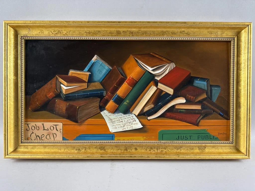 JEROME HOWES (New York/Massachusetts, 1955-), "Job Lot Cheap"., Oil on masonite, 12" x 24". Framed