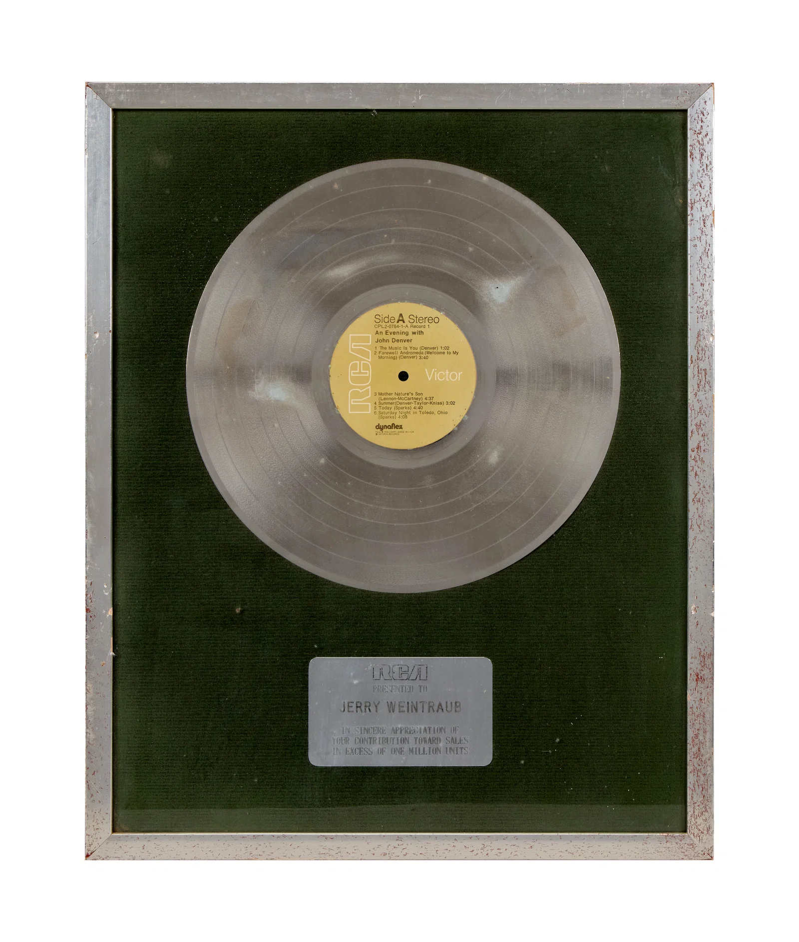 Jerry Weintraub | John Denver "An Evening with John Denver" Platinum Record Award
