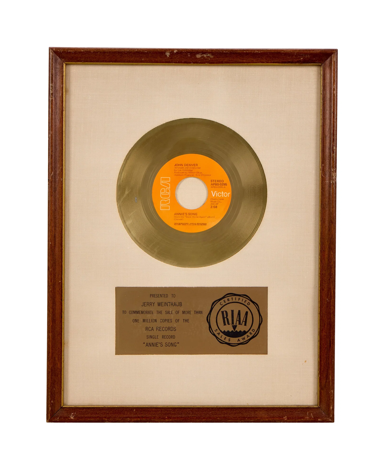 Jerry Weintraub | John Denver "Annie's Song" RIAA Gold Record Award