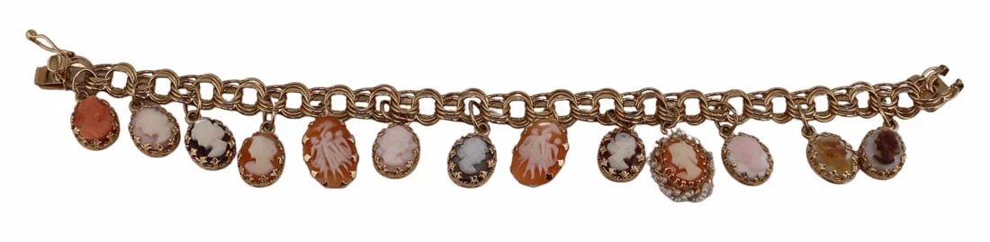 JEWELRY. 13.5kt Gold and Cameo Charm Bracelet.
