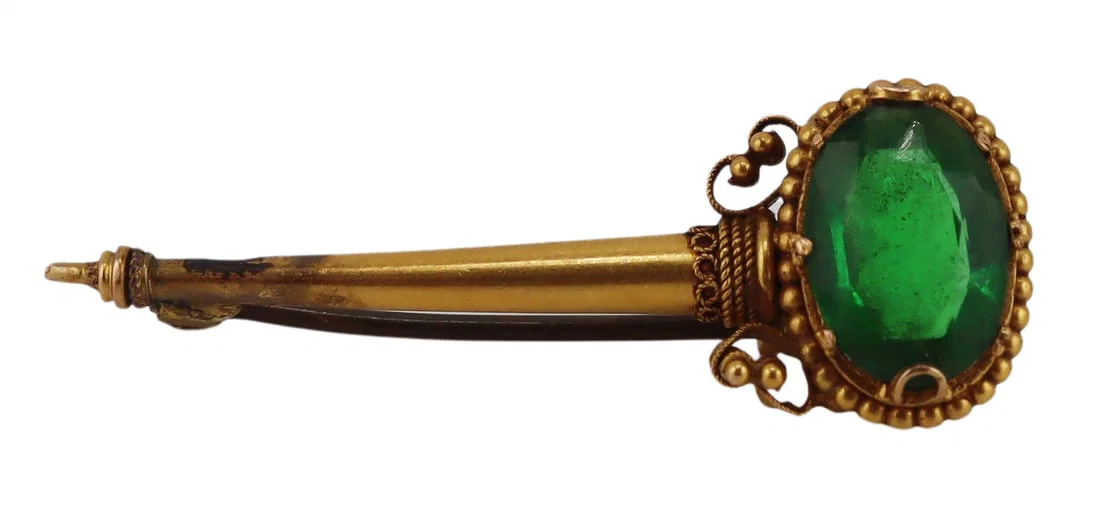 JEWELRY. Etruscan Revival Gold and Gem Brooch.