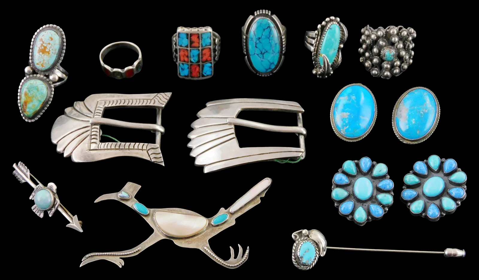 JEWELRY: Southwestern style silver jewelry, fifteen pieces, some signed, all stamped sterling or