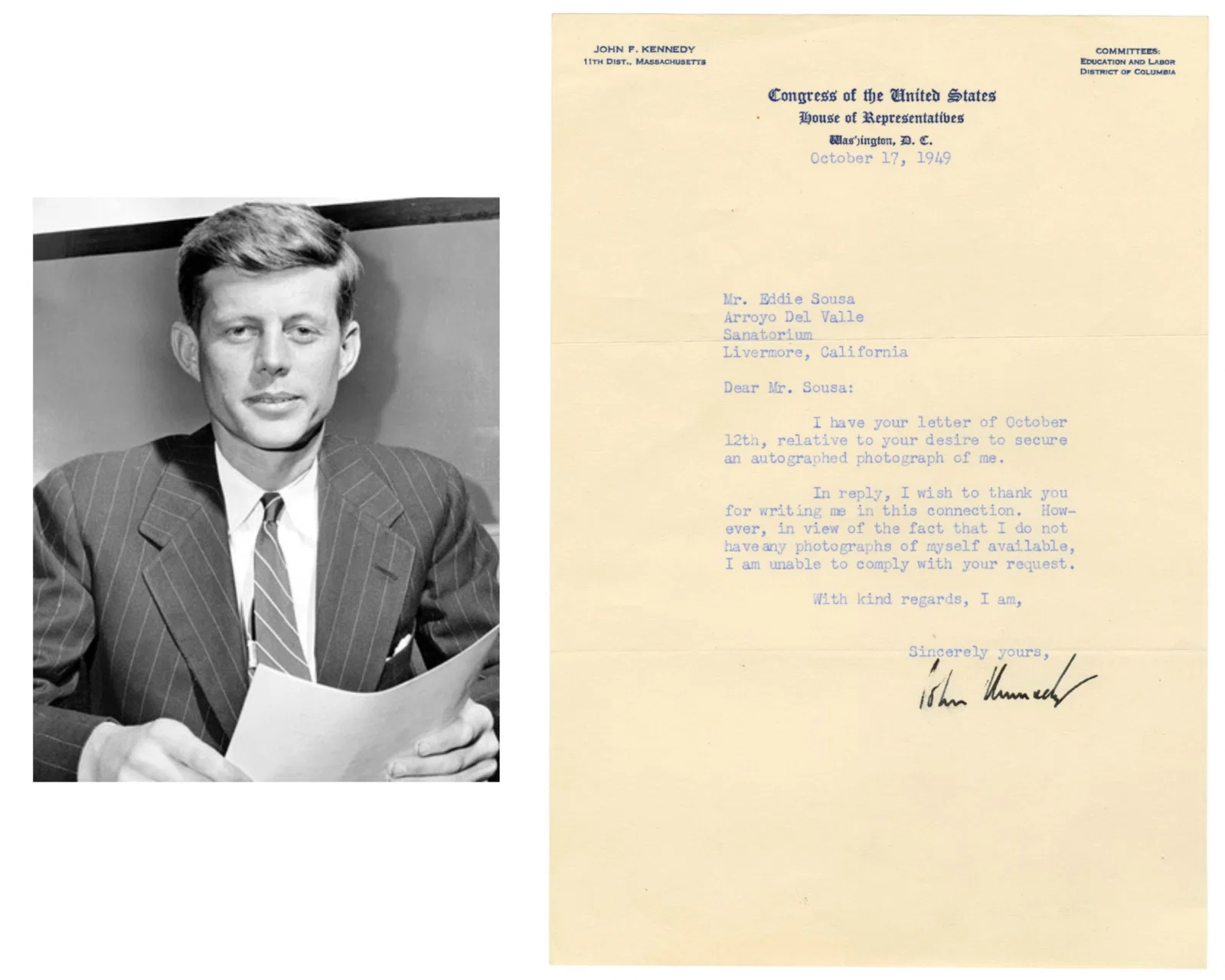 JFK Early TLS as Young Congressman, Bold Signature!