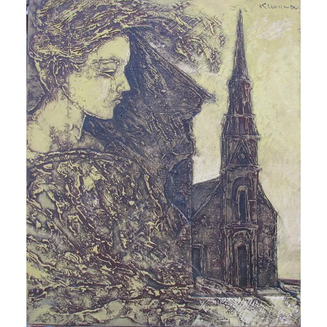 Jiro Kimura "Old Town" No. 8 Oil Painting, Sealed Wax Texture, Profound Spirituality