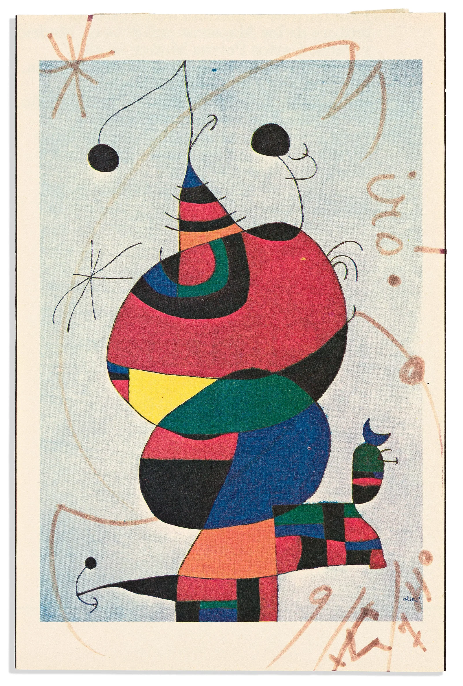 Joan Miró. Reproduction of his Woman, Bird, and Star (Homage to Pablo Picasso) (1973), dated